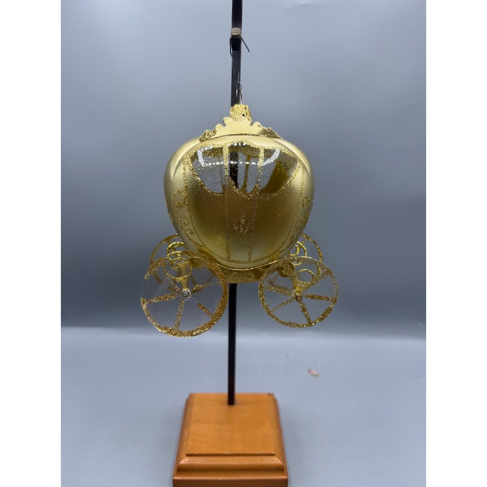 De Carlini Italian Glass Pumpkin Carriage Christmas Ornament Gold Glitter